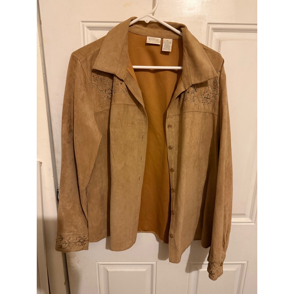 ERIKA‎ Women's Tan Suede Like Shirt Jacket Embellished Western XL
